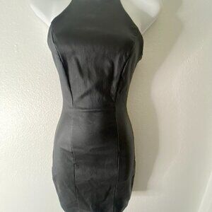 Windsor Black Leather Look Stretch Square Neck Spaghetti Strap Slip Dress, Black